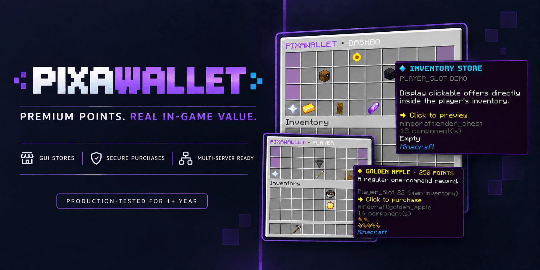 Portfel punktów premium PixaWallet z konfigurowalnymi sklepami w ekwipunku Minecrafta