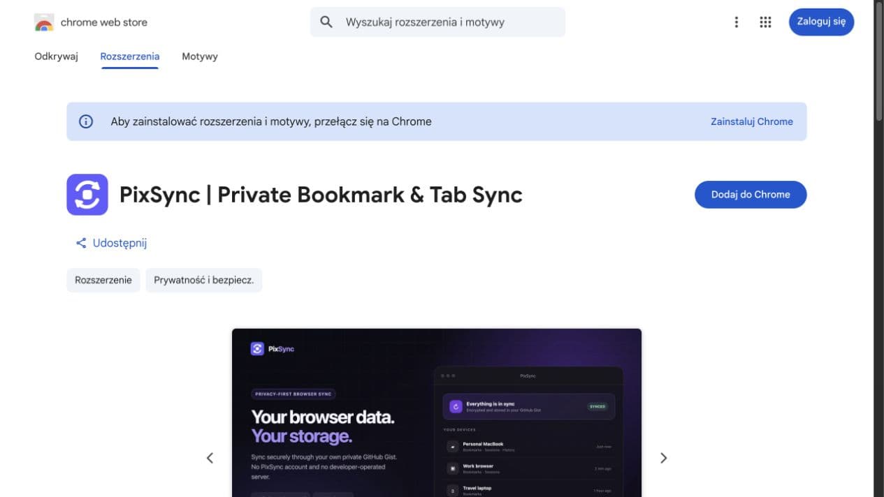 Karta rozszerzenia PixSync w Chrome Web Store